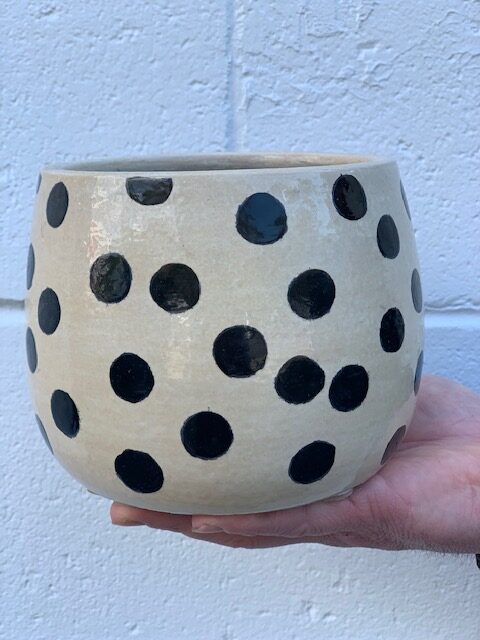 Black polka dot plant pot.